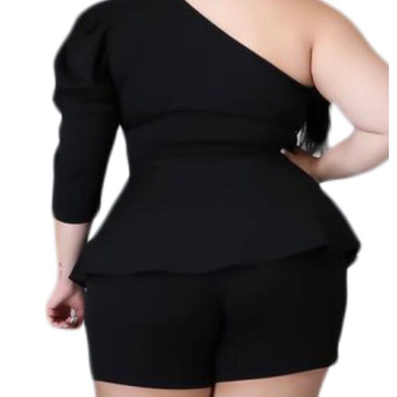 2pc Set One Shoulder Peplum Top & Shorts in Black - Size 2X - Picture 3 of 9